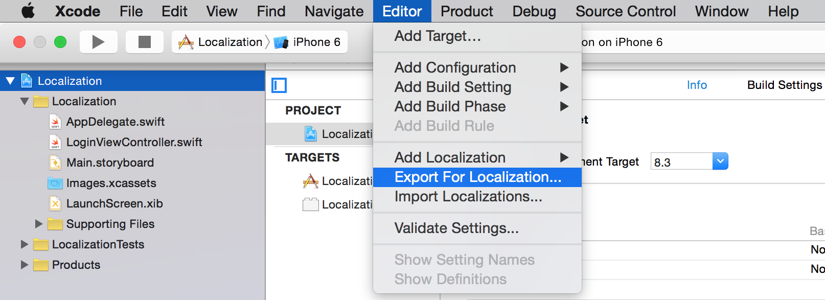 Exporting for Localization through the taskbar Export for Localizations
